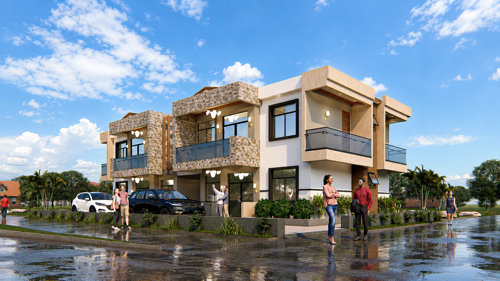 Façade contemporaine avec aménagement paysager